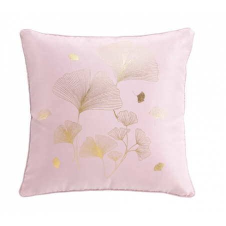 Coussin déhoussable en tissu avec motif feuilles de ginkgo Bloomy - Rose et Doré- 40 x 40 cm