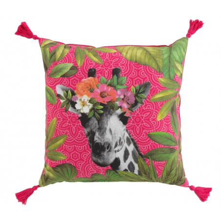 Coussin déhoussable en coton avec pompons et motif girafe Agrippine - Rose et Vert - 45 x 45 cm