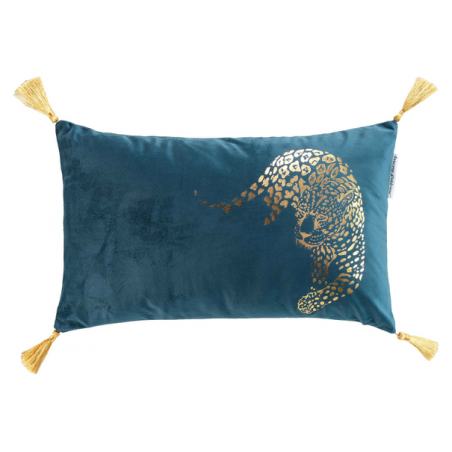 Coussin déhoussable en velours avec pompons et imprimé jaguar metallisé Baguera - Bleu - 30 x 50 cm