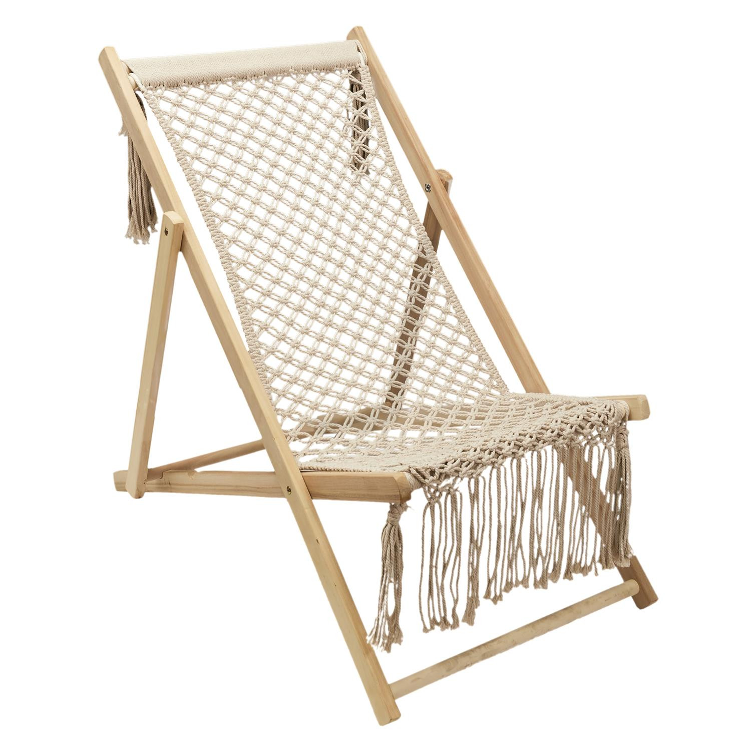 Chilienne en bois de pin et tissu macramé - Beige - L 58.5 x H 90 x P 89 cm