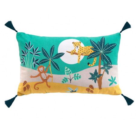 Coussin déhoussable en coton avec pompons et imprimé jungle Jungle Story - Vert - 30 x 50 cm