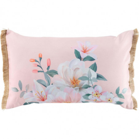 Coussin "Alissia" Avec frange en jute et motifs floraux - Rose - 30 x 50 cm