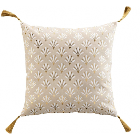 Coussin déhoussable en coton avec pompons et motif éventails métallisés Rafina - Beige et Doré - 40 x 40 cm