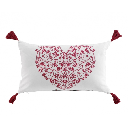 Coussin déhoussable en coton tissé avec pompons et motif coeur Suzon - Blanc et Rouge - 30 x 50 cm