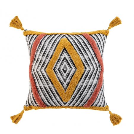 Coussin déhoussable en coton avec motif losange en effet éponge Teranga - Orange et Jaune - 40 x 40 cm