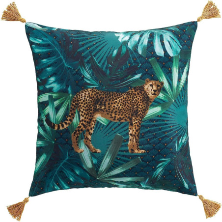 Coussin "Blue garden" avec imprimé guépard + pompons - Vert - 40 x 40 cm