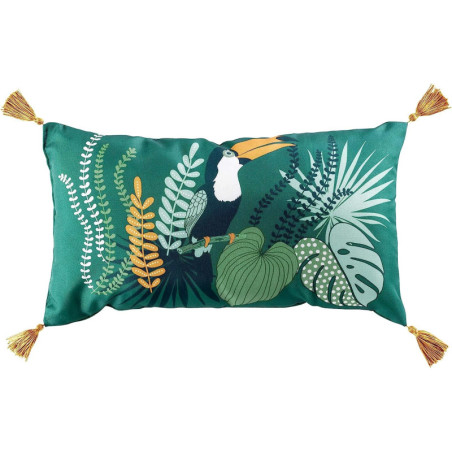 Coussin rectangle avec pompons et imprimé végétal et toucan - Vert - 30 x 50 cm