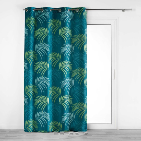 Rideau à oeillets en tissu avec imprimé feuillage Blue vegetal - Bleu et Vert - 140 x 260 cm