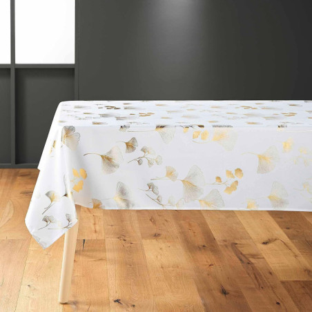 Nappe rectangle "Bloomy" à imprimé végétal métallisé - Blanc/or - 150 x 240 cm