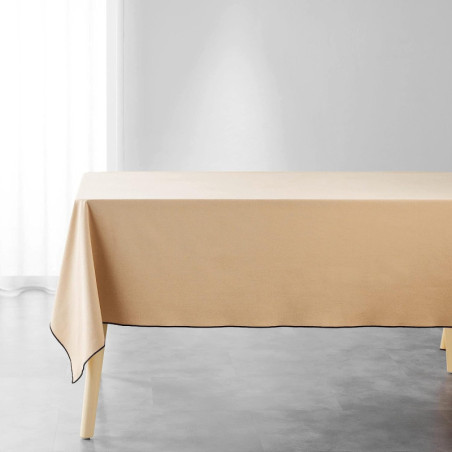 Nappe rectangle uni en coton recyclé avec bordure "Mistraline" - Beige - 140 x 240 cm