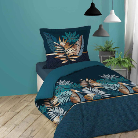 Parure de lit 2 Pièces en coton "Alianor" à motifs végétal - Bleu canarf - 140 x 200 cm