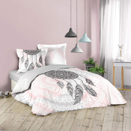 Parure de lit 3 pièces en coton Namaste - Gris et Rose - 240 x 220 cm