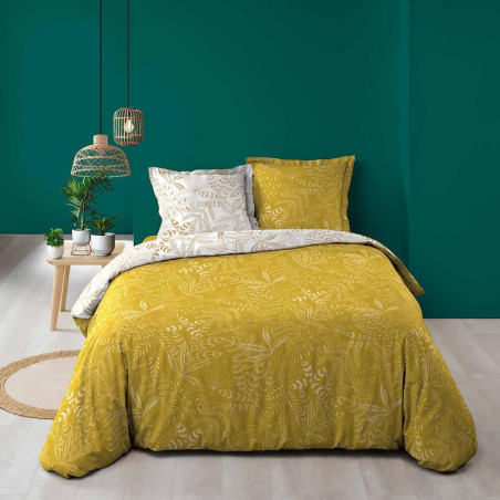 Parure de lit en 3 pièces réversible en coton avec imprimé feuillage Belflor - Jaune - 240 x 220 cm