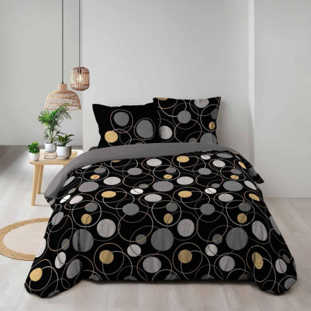 Parure de lit 3 pièces en coton avec imprimé cercles Milor - Noir - 240 x 220 cm