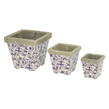 Set de 3 pots en céramique patiné - Blanc/bleu - D 10,4/14,4/19,6 x H 11,1/14,6/18,7 cm