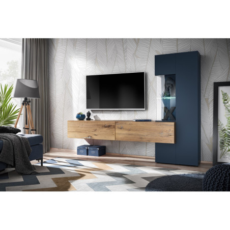 Composition murale "Marino" pour TV en bois - Bleu/beige - L 210 x H 162 x P 40 cm