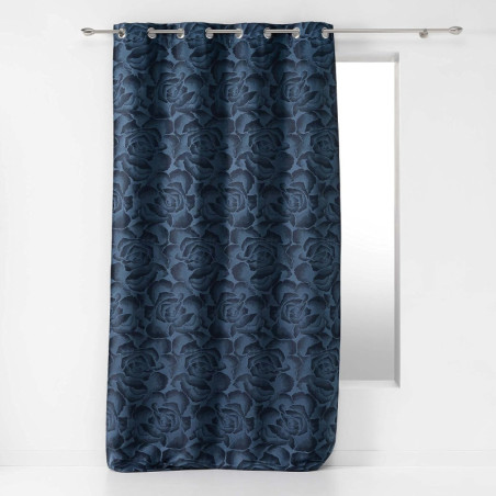 Rideaux à 8 oeillets en jacquard "Rosalina" à motifs fleuris - Bleu - L 260 x l 140 cm