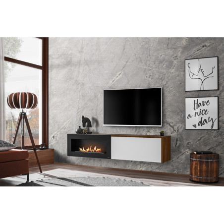 Meuble TV "Dallas B" avec cheminée en bioéthanol - Blanc/beige - L 180 x H 40 x P 40 cm