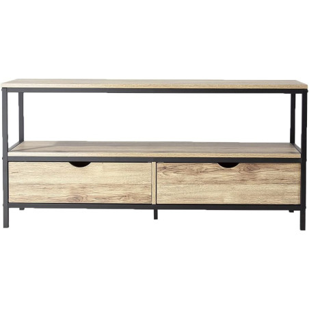 Meuble TV en bois et métal "Loft" avec 2 tiroirs - Noir/beige - L 120 x H 57 x P 39 cm