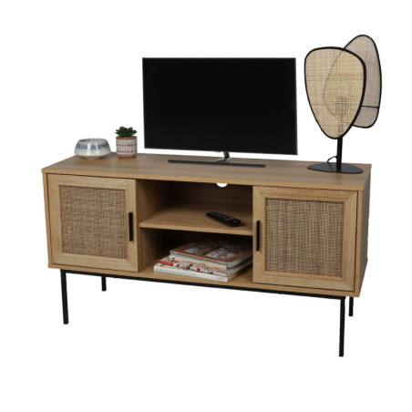 Meuble TV en bois et métal avec 2 portes et 2 niches de rangement "Romy" - Marron/noir - L 120 x P 39 x H 63 cm