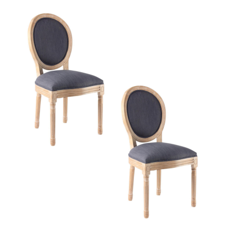 Lot de 2 chaises médaillon en bois et tissu - Gris anthracite/beige - H 96 x L 49 x P 56 cm