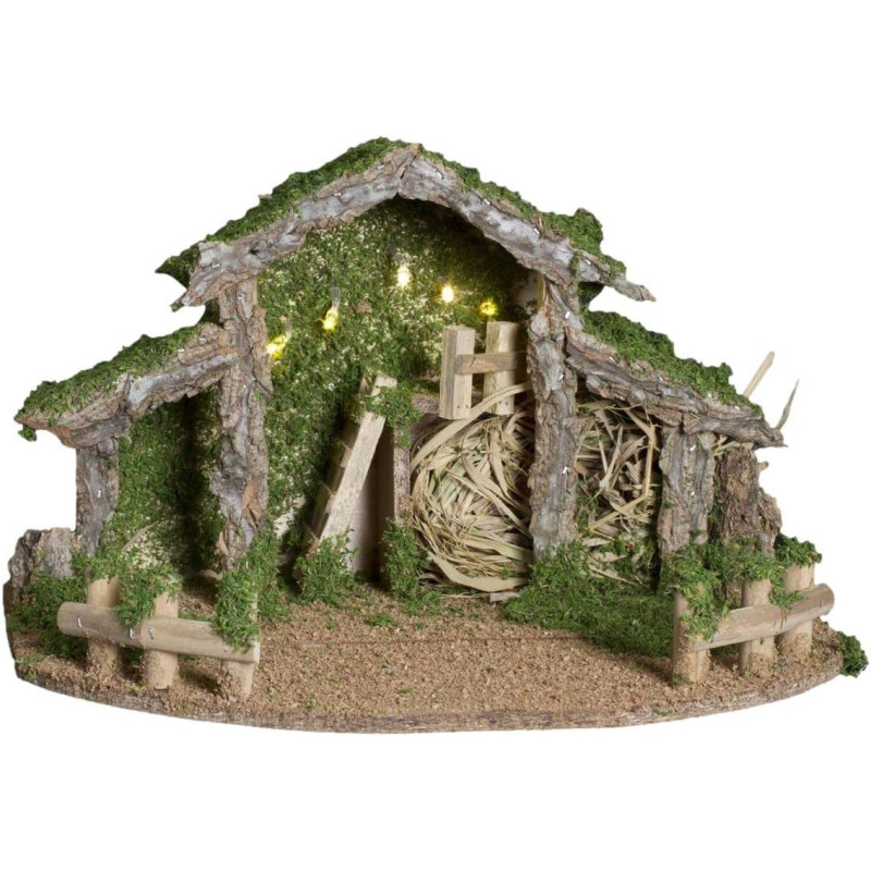 Crèche de Noël vide en bois et résine avec LED - Marron/vert - L