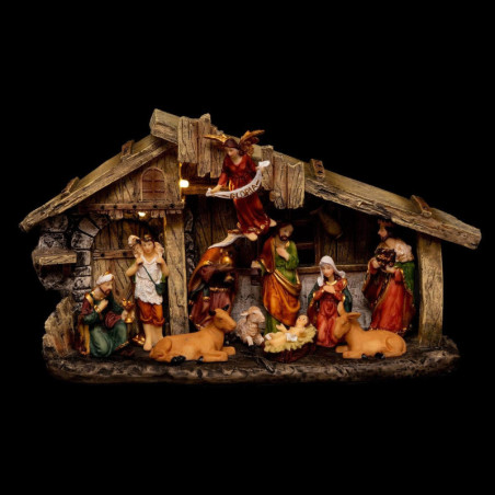 Crèche de Noël avec 11 santons en polyrésine avec LED - Multicolore- L 17,8 x P 9 x H 31,5 cm