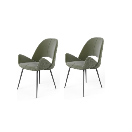 Lot de 2 chaises "Eliana" en velours et tissu à bouclettes - Vert kaki - H 88 x L 64,5 x P 59 cm