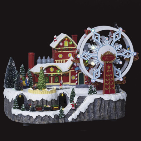 Village de Noël lumineux avec grande roue du Père Noël - Multicolore - L 43 x l 27 x H 31,5 cm