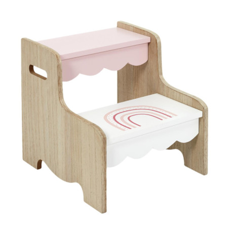 Marchepied en bois pour enfant avec motif arc-en-ciel - Rose/Beige - H 30 x 36 x 36 cm