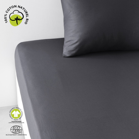 Drap housse en coton bio "Organic" - Gris fusain - 90 x 190 cm