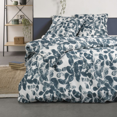 Parure de lit double avec motif feuilles "Crazy" - Blanc et Bleu - l 220 x 240 cm