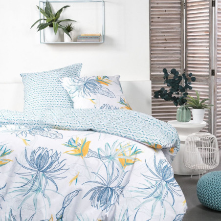 Parure de lit double "Sunshine" à imprimé tropical - Blanc et Bleu - 220 x 240 cm