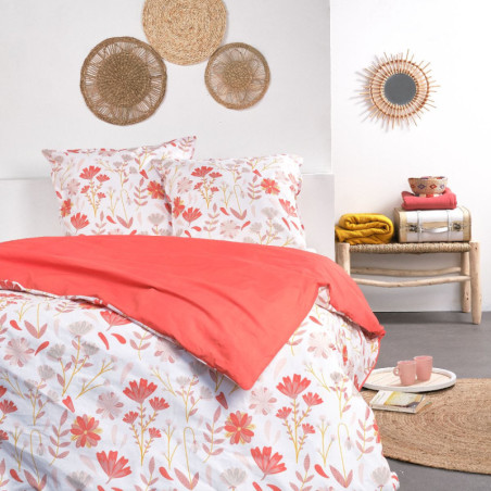 Parure de lit double en coton "Sunshine" imprimé floral - Rose corail/Blanc - 220 x 240 cm