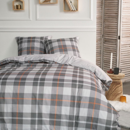 Parure de lit double en flanelle de coton imprimé tartan - Gris - 220 x 240 cm