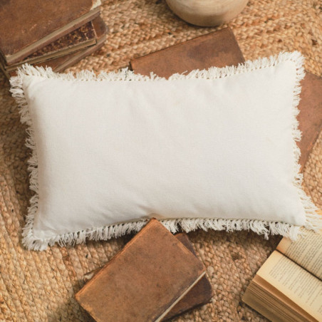 Coussin rectangle décoratif en coton à franges - Blanc - 30 x 50 cm