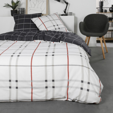 Parure de lit double en coton flanelle imprimé tartan - Blanc - 240 x 260 cm