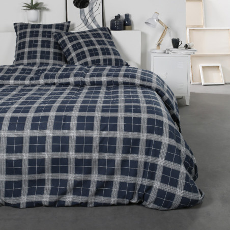 Parure de lit double en coton flanelle à imprimé tartan - Bleu - 240 x 260 cm