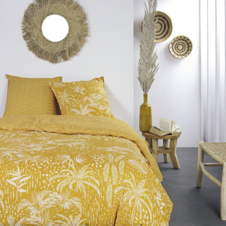 Parure de lit double en coton "Mawira" à motif de palmiers - Jaune - 240 x 260 cm