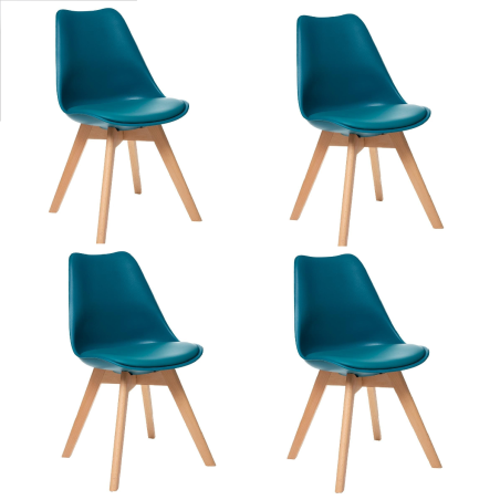 Lot de 4 chaises "Baya" en bois et plastique - Bleu canard/Beige - L 48 x P 52,5 x H 82 cm