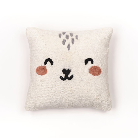 Coussin déhoussable carré en coton avec tête de chat - Blanc- 40 x 40 cm