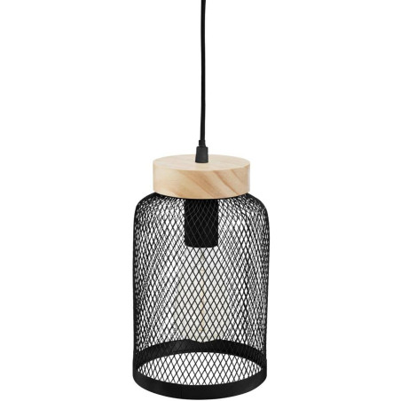 Suspension luminaire en métal et Pin "Zely" - Noir - D 15 cm