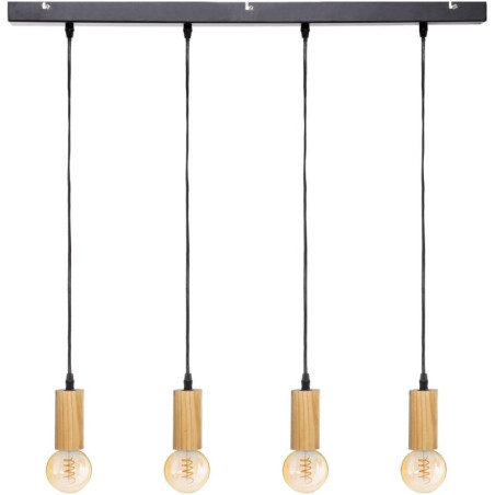 Suspension luminaire avec 4 lampes en métal et bois""Ays" - Noir et beige - L 80 cm