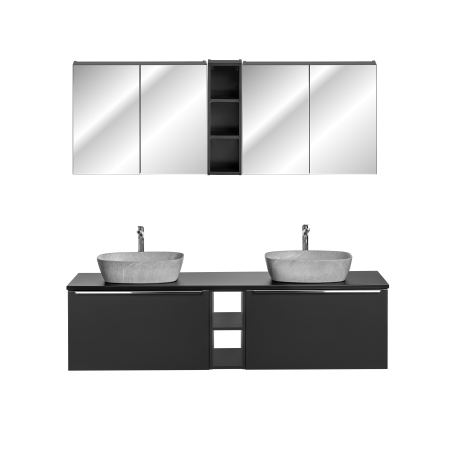 Ensemble meuble double vasques à poser + cabinets miroirs + 2 éléments - 180 cm - Rosario Black