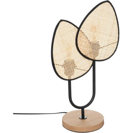 Lampe canage 2 têtes à poser en métal et bois "Olme" - Beige et noir - H 44 x L 32,5 x P 16 cm