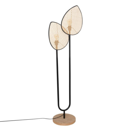 Lampadaire en métal avec 2 abats-jours en cannage "Olme" - Noir et Beige - H 143 cm