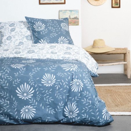Parure de lit double "Sunshine" en coton à imprimé floral - Bleu - 220 x 240 cm