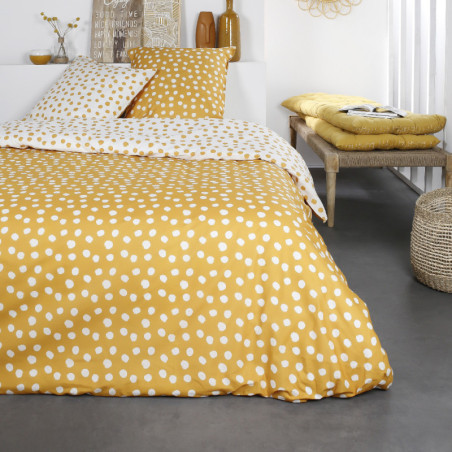 Parure de lit double réversible "Sunshine" en coton imprimé de pois - Jaune/Blanc - 240 x 260 cm