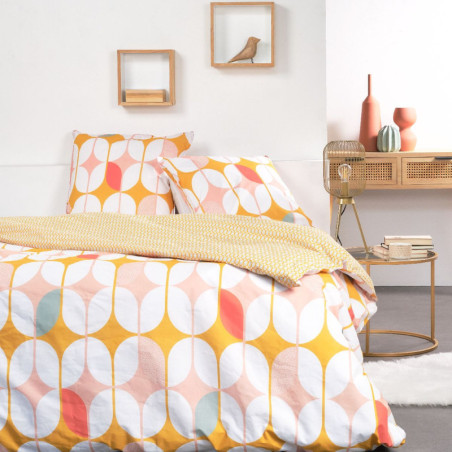 Parure de lit double réversible "Sunshine" en coton graphique - Jaune/Rose - 240 x 260 cm