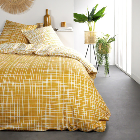 Parure de lit double réversible "Sunshine" en coton imprimé de quadrillages - Jaune - 240 x 220 cm